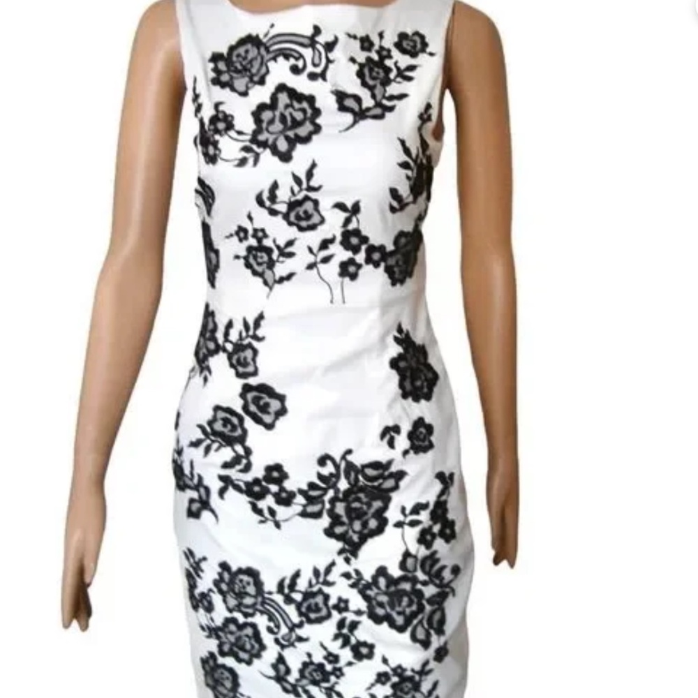 COAST WHITE SATIN BLACK LACE FLORAL COCKTAIL SHEATH DRESS  SIZE UK 8